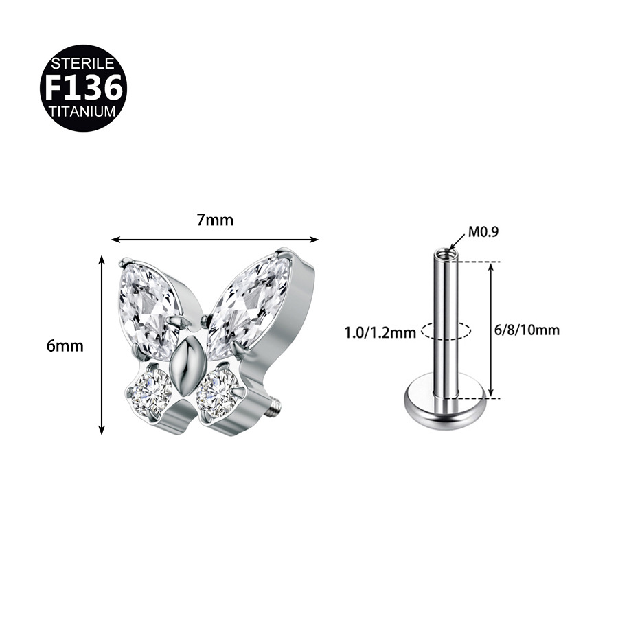 ASTM F136 Titanium CZ Butterfly Internally Threaded Labret Stud - Image 2