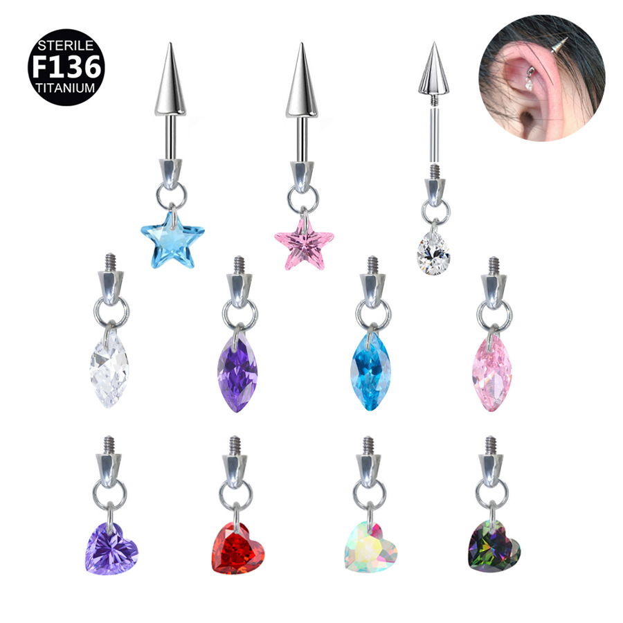 ASTM F136 Titanium Heart Star Internally Threaded Straight Barbell Labret Stud