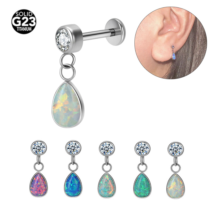 G23 Titanium 20G Opal Teardrop Pendant Internally Threaded Earring