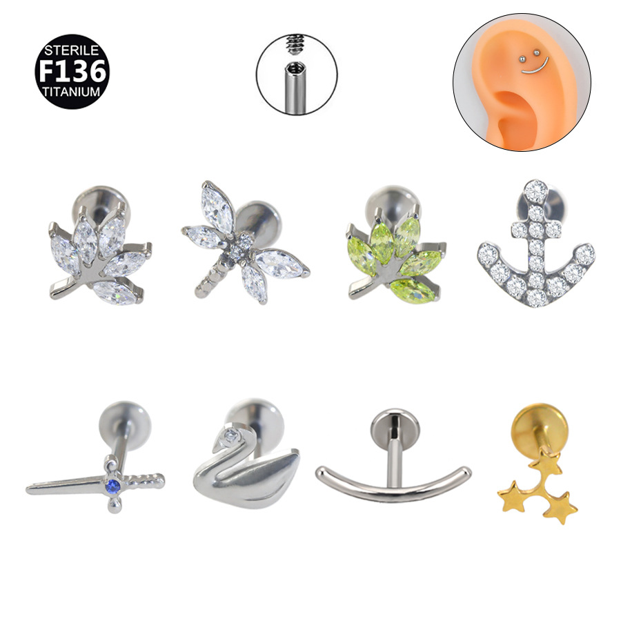 ASTM F136 Titanium 20G CZ Moon Pendant Internally Threaded Labret Stud
