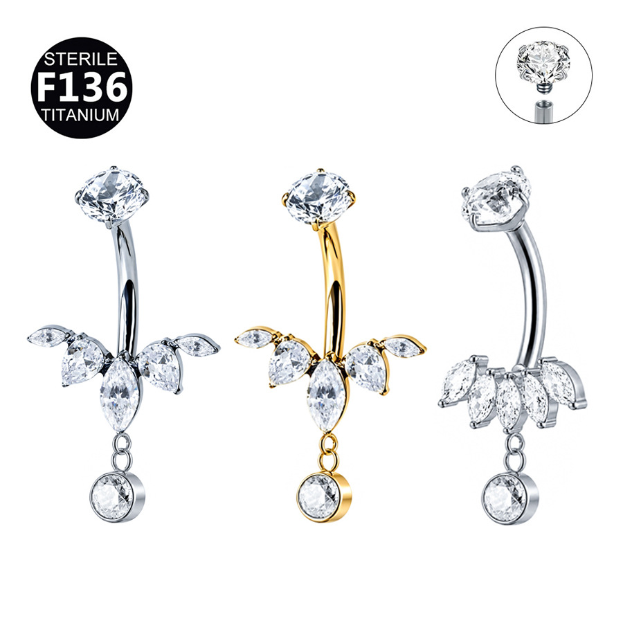 ASTM F136 Titanium CZ Flower Internally Threaded Navel Ring - Image 6