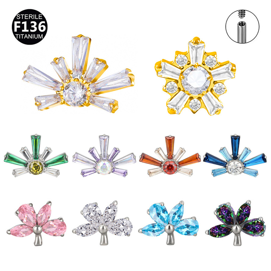 ASTM F136 Titanium CZ Flower Colorful Labret Stud