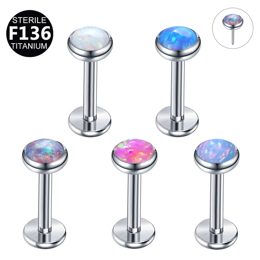 ASTM F136 Titanium Opal Round Bezel Threadless Push-In Flat Back Labret Stud