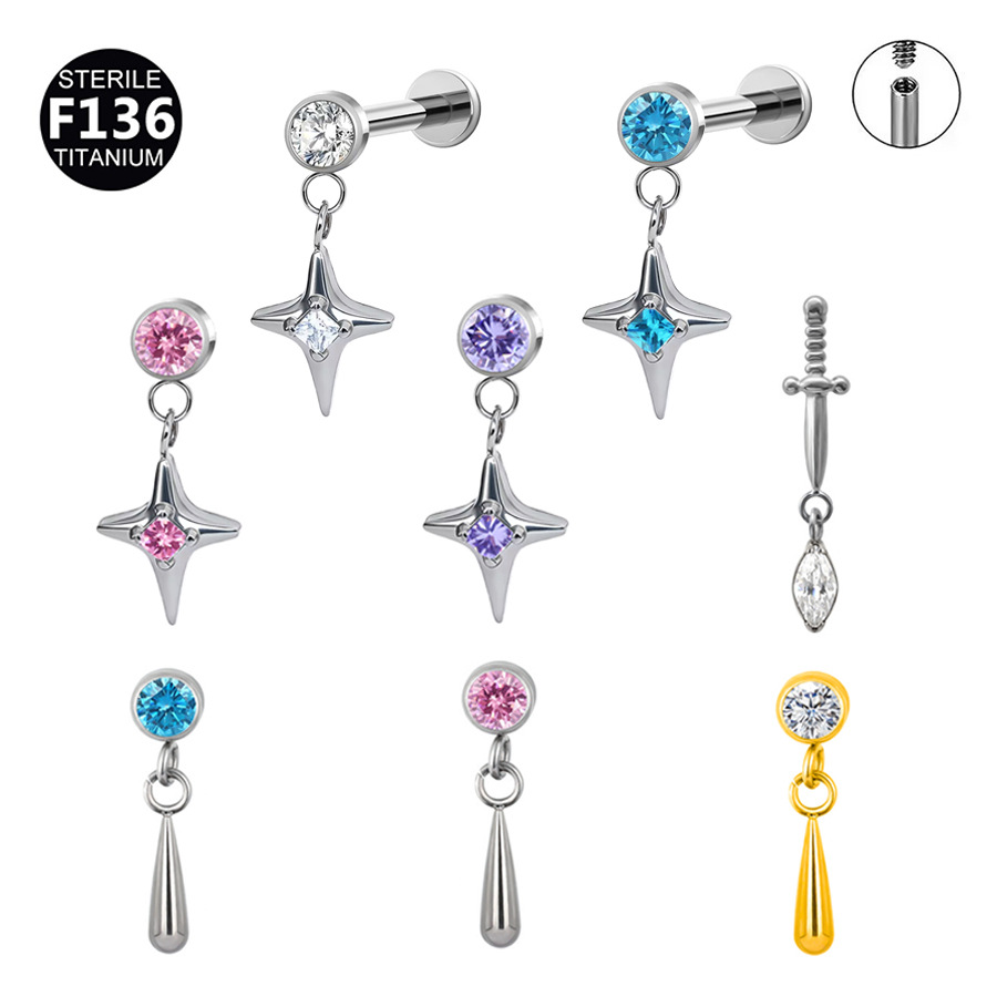 ASTM F136 Titanium 20G CZ Star Pendant Bezel Internally Threaded Labret Stud