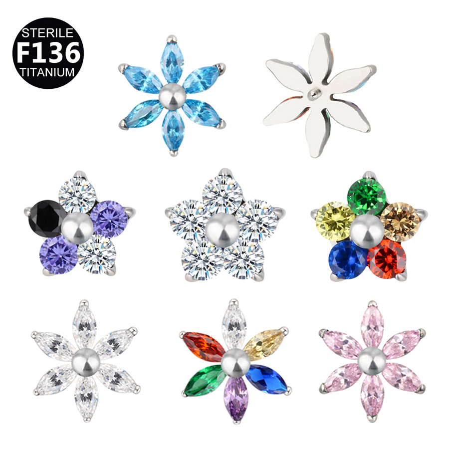 ASTM F136 Titanium CZ Flower Colorful Internally Threaded Labret Stud