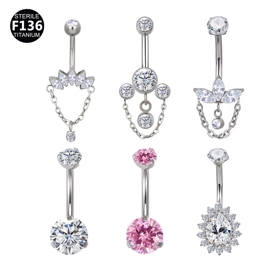 ASTM F136 Titanium CZ Marquise Chain Sparkle Navel Ring