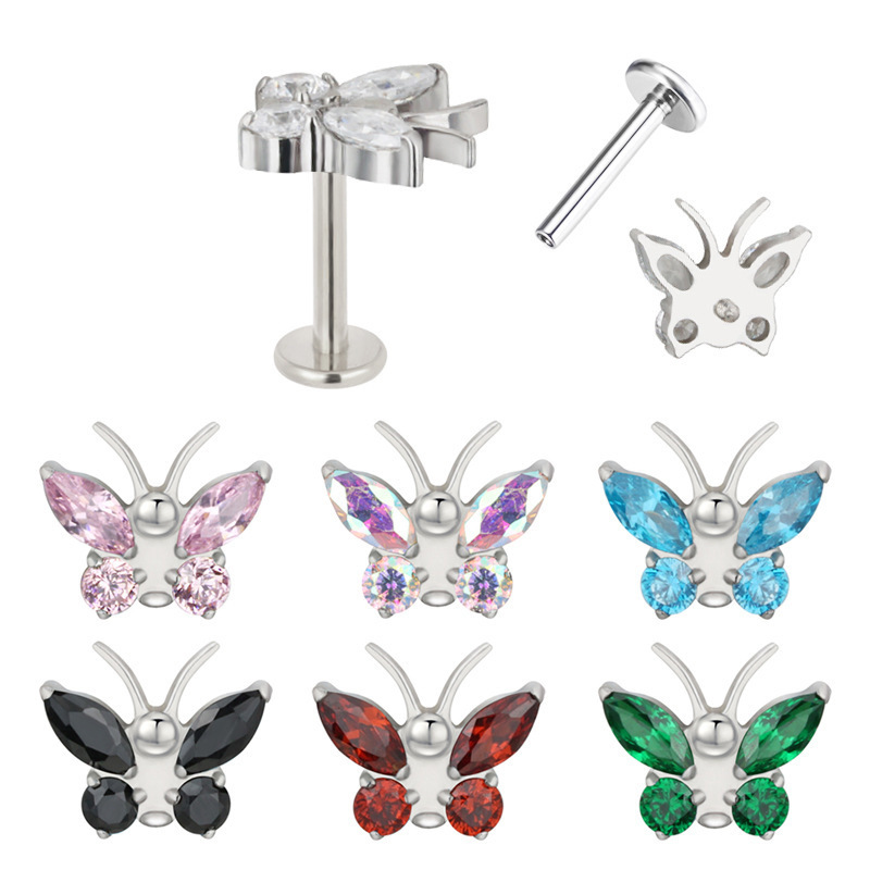 ASTM F136 Titanium CZ Butterfly Colorful Internally Threaded Labret Stud - Image 6