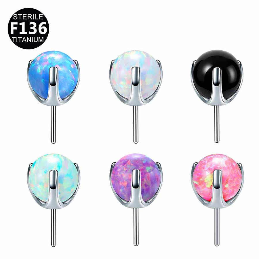 ASTM F136 Titanium Opal Prong Threadless Push-In Labret Stud | 3-5mm