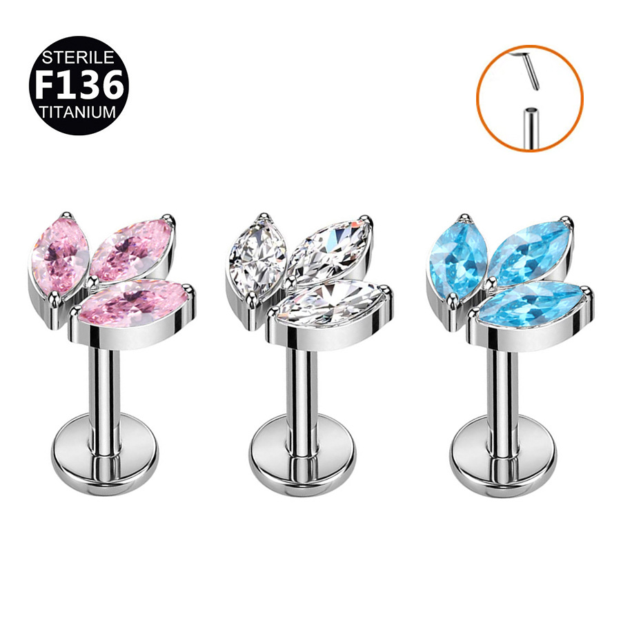 G23 Titanium 16G Flower Marquise Threadless Push-In Labret Stud | 6/8/10mm