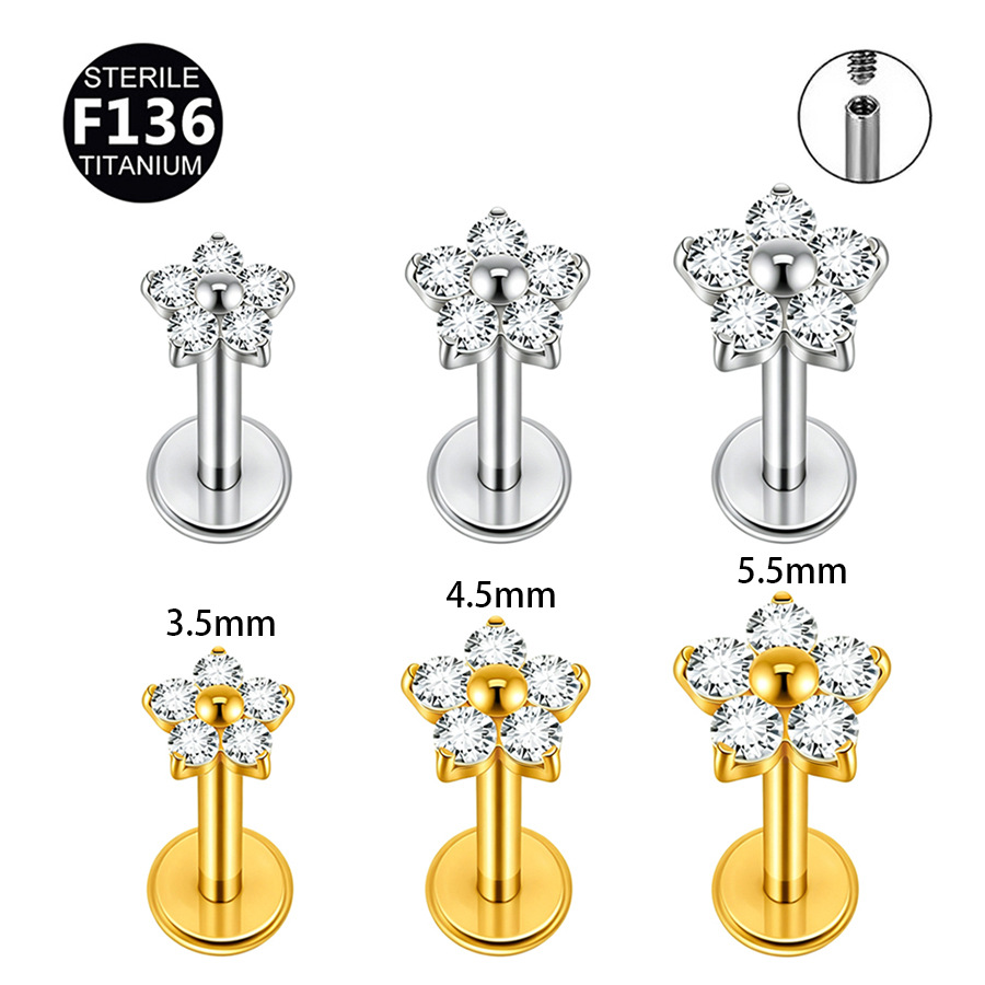 ASTM F136 Titanium CZ Flower Internally Threaded Labret Stud