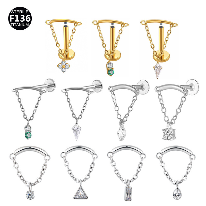 ASTM F136 Titanium 20G Chain Pendant Internally Threaded Labret Stud