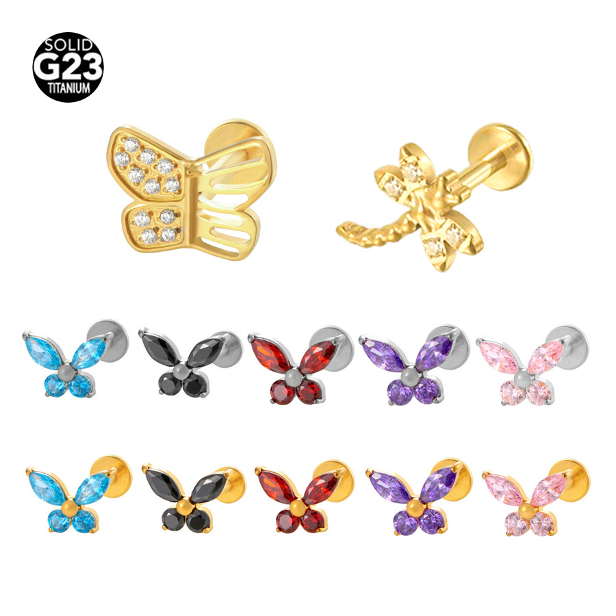 G23 Titanium CZ Dragonfly Internally Threaded Labret Stud