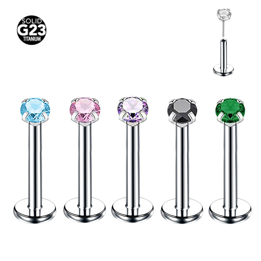 G23 Titanium CZ Prong Threadless Push-In Labret Stud