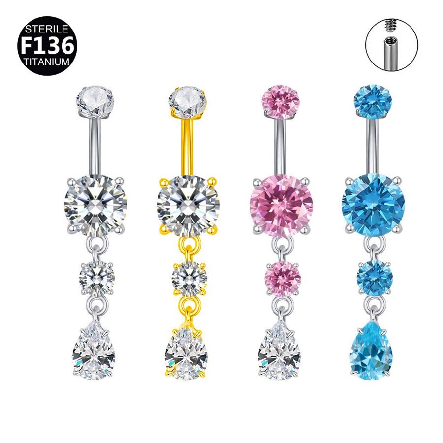 ASTM F136 Titanium CZ Teardrop Round Internally Threaded Navel Ring | 10/12mm