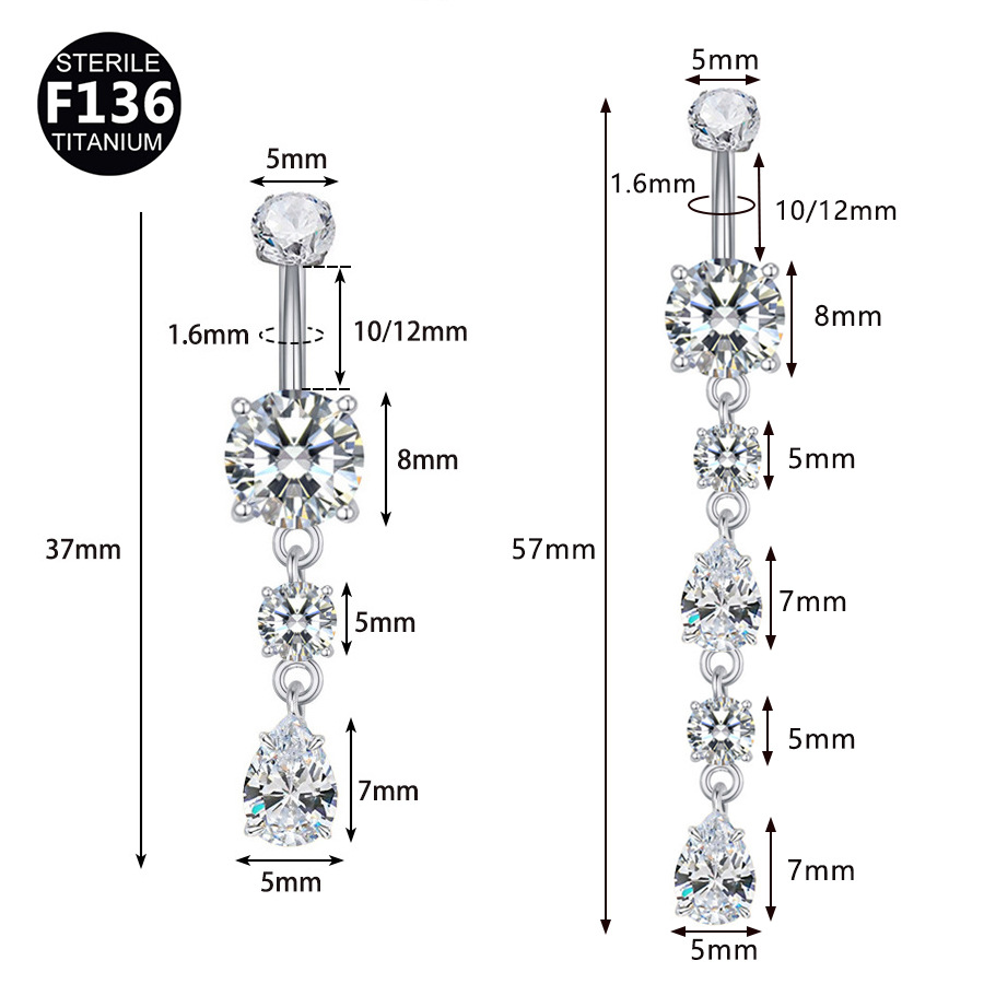 ASTM F136 Titanium CZ Teardrop Round Internally Threaded Navel Ring | 10/12mm - Image 2