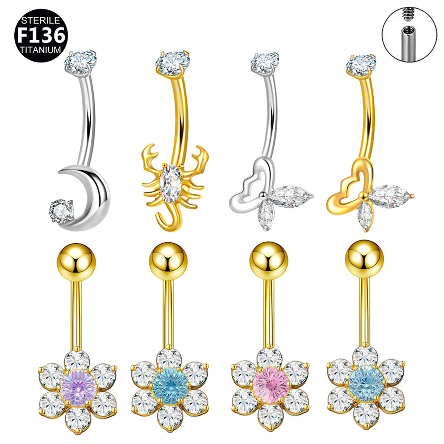 ASTM F136 Titanium CZ Butterfly Flower Navel Ring - Image 8