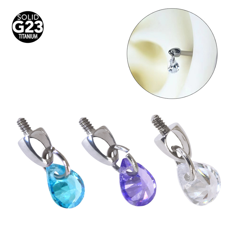 ASTM F136 Titanium 20G CZ Teardrop Pendant Internally Threaded Labret Stud - Image 5