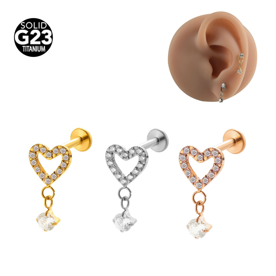 ASTM F136 Titanium 16G CZ Heart Pendant Gold Labret Stud | 2mm