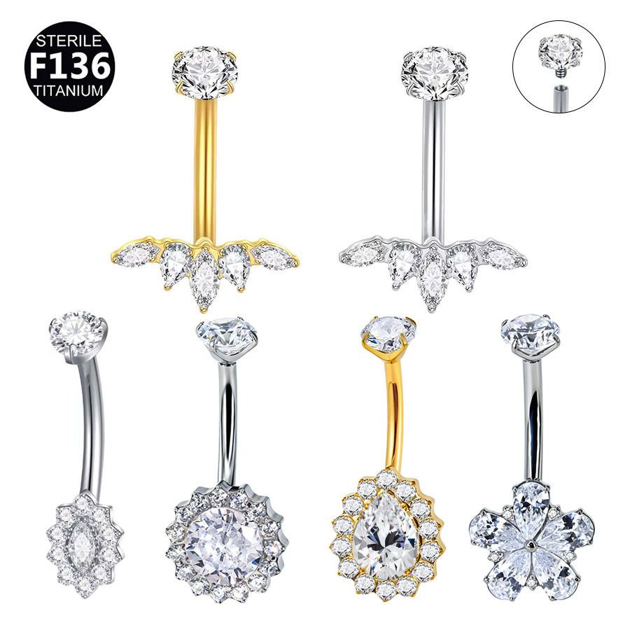 ASTM F136 Titanium CZ Flower Teardrop Internally Threaded Navel Ring