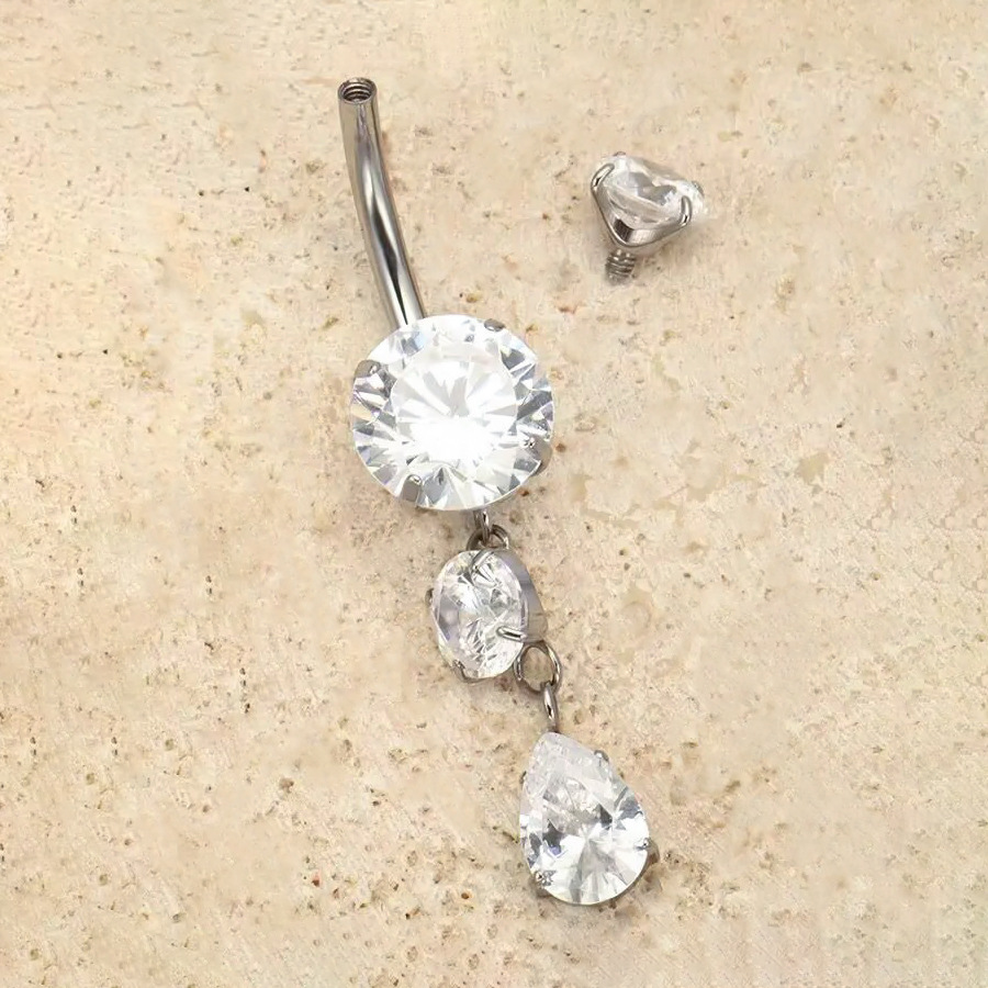 ASTM F136 Titanium CZ Teardrop Round Internally Threaded Navel Ring | 10/12mm - Image 4