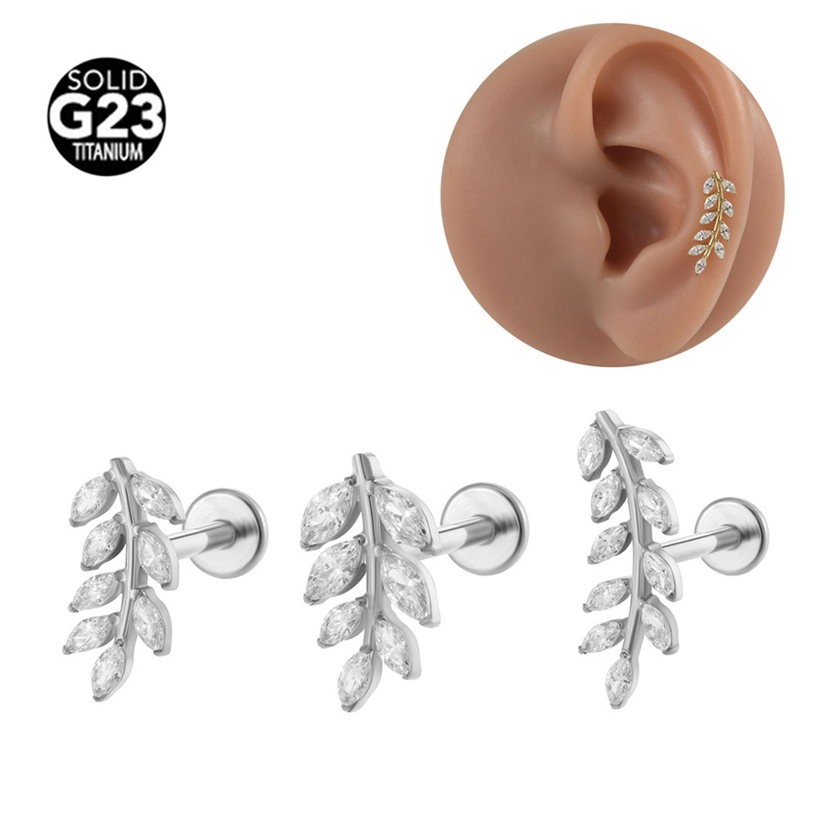 G23 Titanium 16G CZ Marquise Leaf Minimalist Internally Threaded Labret Stud | 2mm