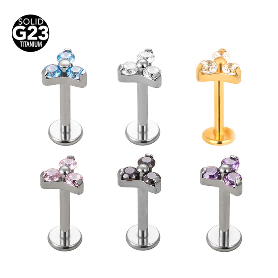 ASTM F136 Titanium CZ Flower Triangle Bezel Internally Threaded Labret Stud