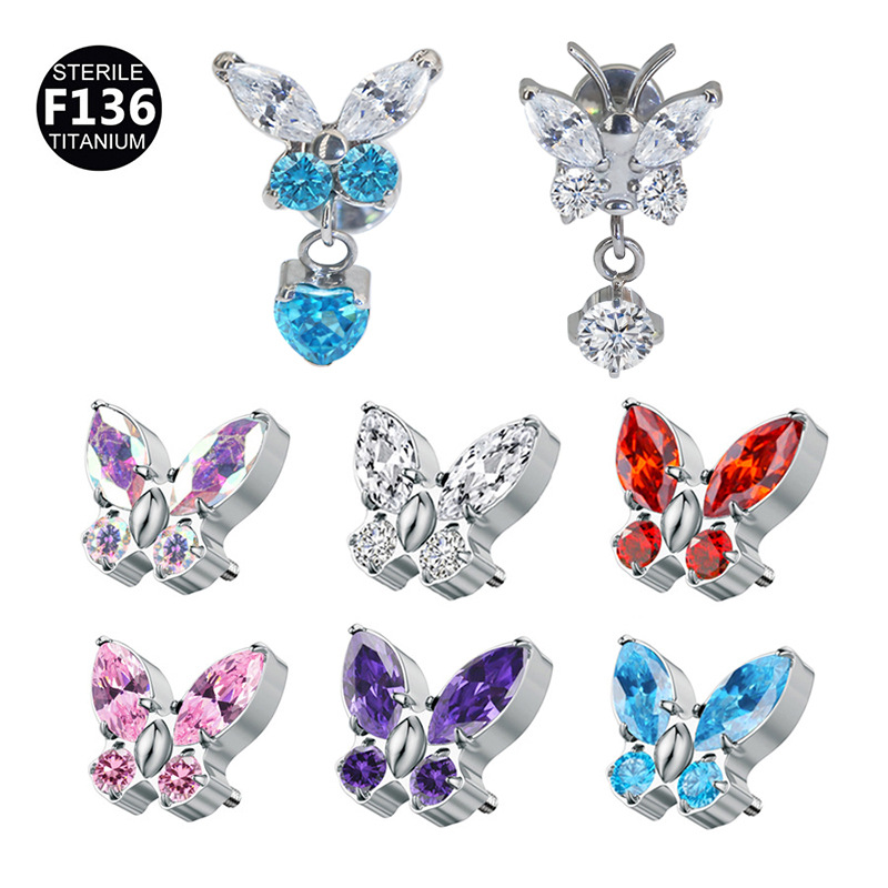 ASTM F136 Titanium CZ Butterfly Internally Threaded Labret Stud