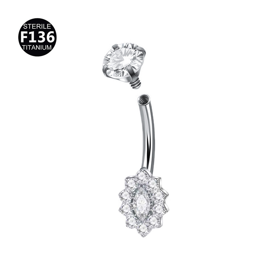 ASTM F136 Titanium CZ Flower Teardrop Internally Threaded Navel Ring - Image 7