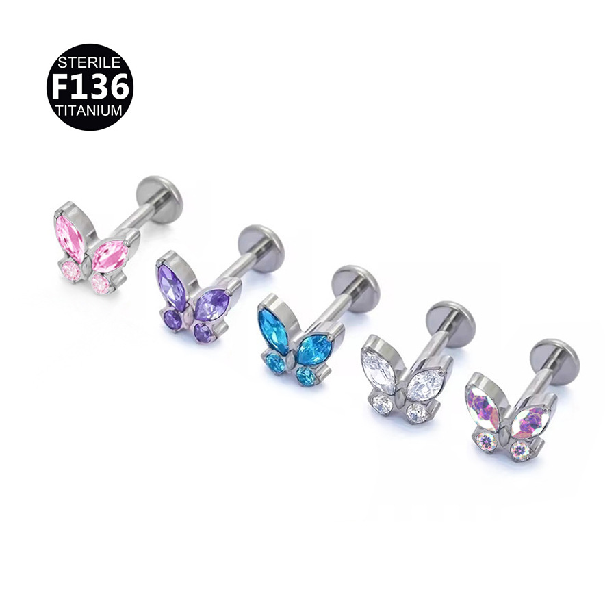 ASTM F136 Titanium CZ Butterfly Internally Threaded Labret Stud - Image 3