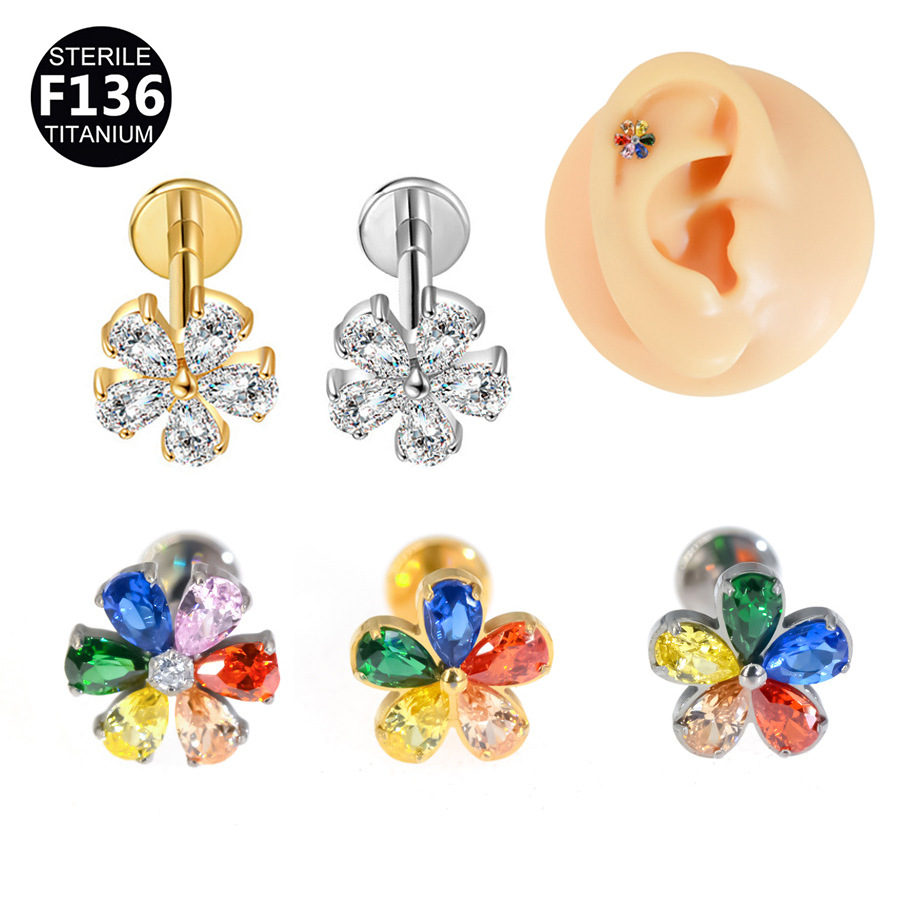 G23 Titanium CZ Flower Internally Threaded Labret Stud