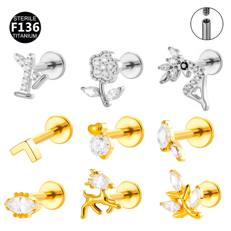 F136 Titanium Heart Flower Internal Thread Ear Cartilage Stud 0.9mm